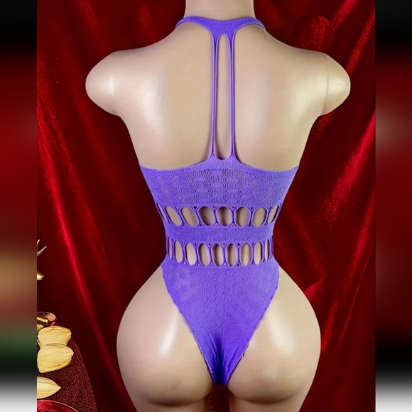Purple Strappy Semi-Sheer Polka Dot Lace Cutout Bodystocking Bodysuit (OS) - Picture 2 of 6
